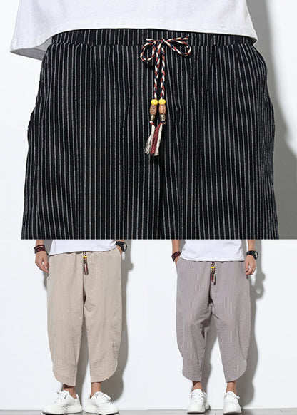 Waist Men Pants Pockets Harem French Elastic Cotton Black