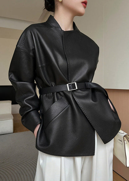 Pockets Coats Leather Black French Faux Sashes Spring