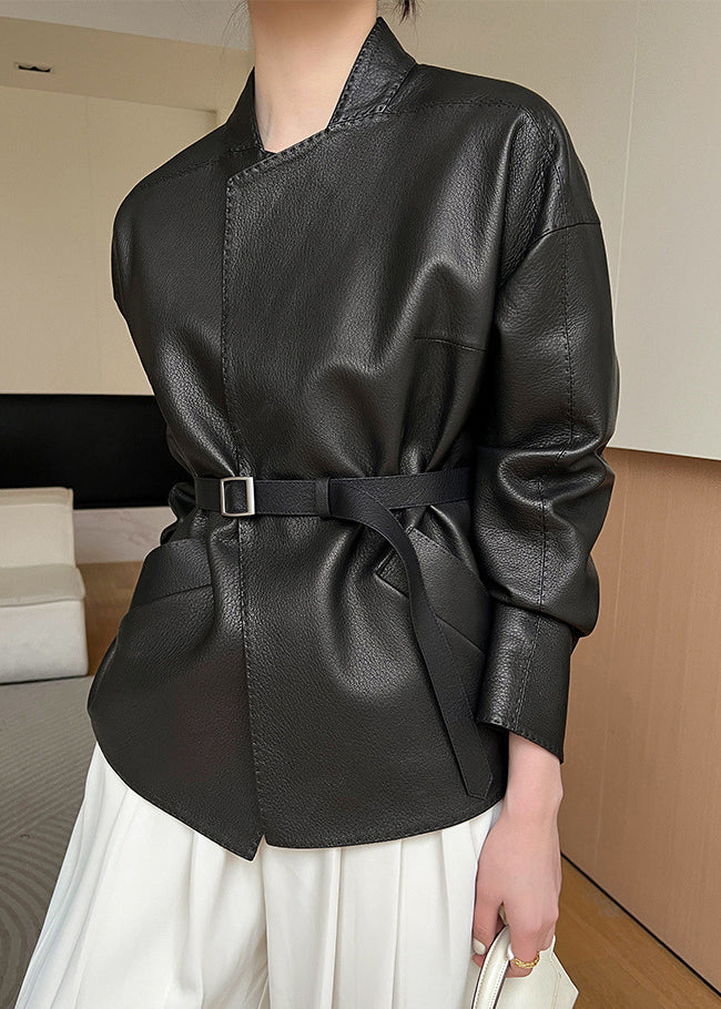 Pockets Coats Leather Black French Faux Sashes Spring