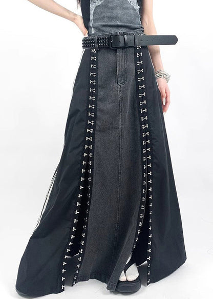 French Black Pockets Side Open Denim Patchwork Skirt Spring YJ008