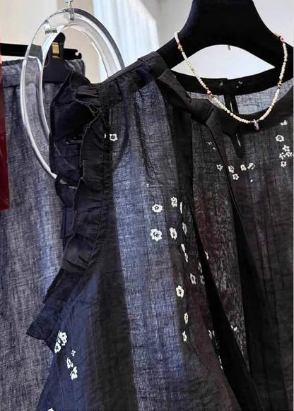 Summer Black French Ruffled Cotton Top Embroidered