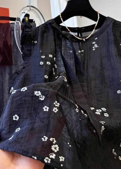 Summer Black French Ruffled Cotton Top Embroidered