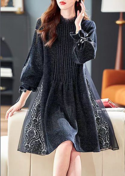 French Black Sequins Tulle Patchwork Dresses Butterfly Sleeve RL043