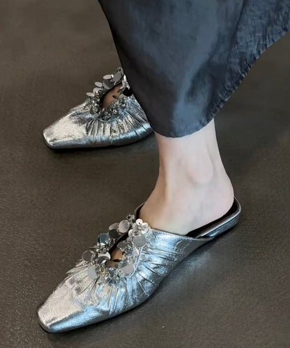 Slide Sandals Splicing Sequins Black French Wrinkled