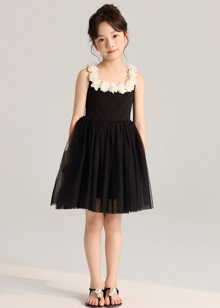 French Black Solid Tulle Patchwork Girls Mid Dress Sleeveless EW037
