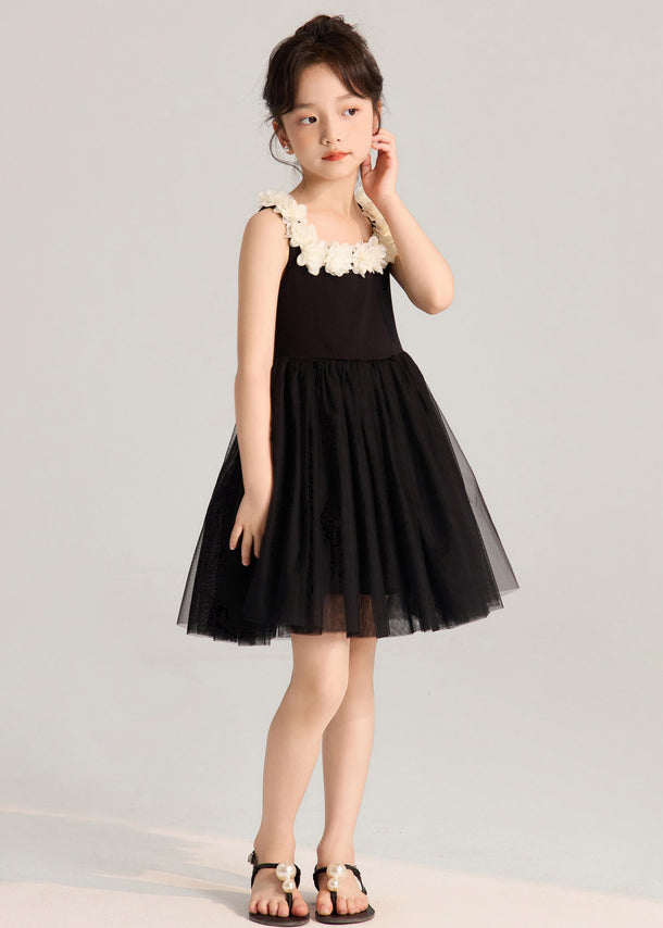 French Black Solid Tulle Patchwork Girls Mid Dress Sleeveless EW037