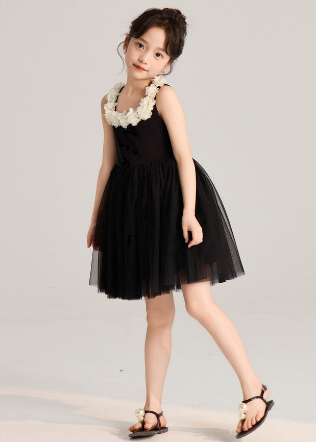 French Black Solid Tulle Patchwork Girls Mid Dress Sleeveless EW037
