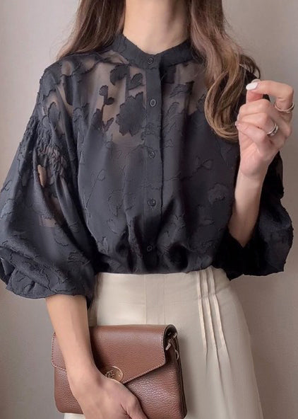 Fall Black Jacquard Collar French Top Chiffon Stand