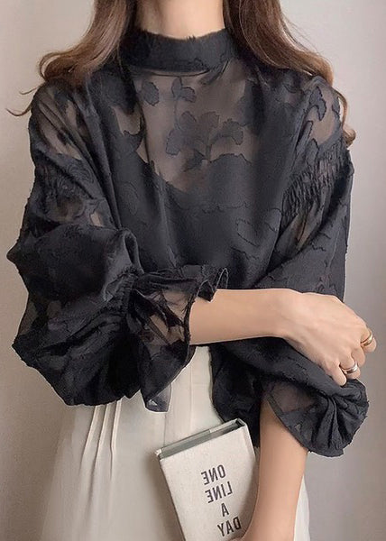 Fall Black Jacquard Collar French Top Chiffon Stand