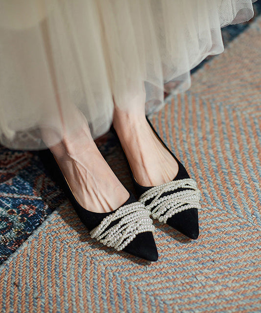 Flat Splicing French Nail Bead Shoes Pointed Toe Suede Black