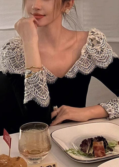 Velvet Neck Silk Lace Dresses Spring French V Patchwork Black