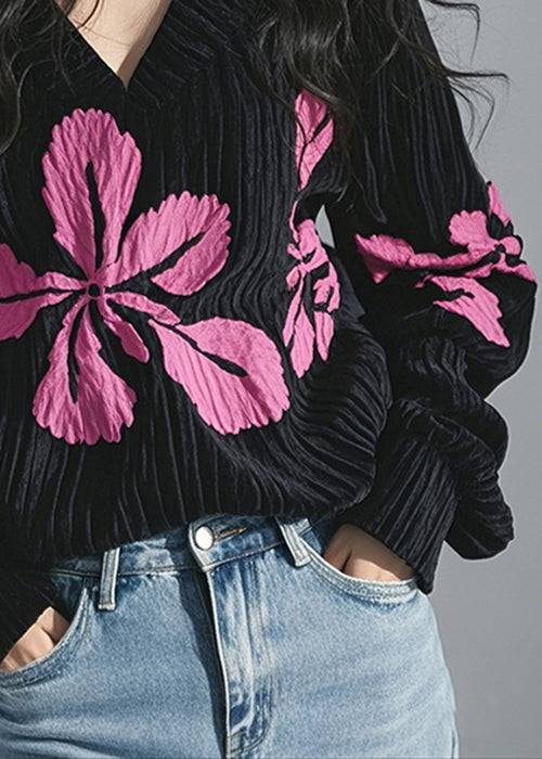 Spring Shirt T Black Neck Corduroy Print Top French V