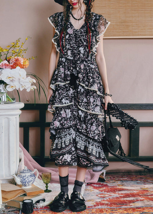 Black Waist French Summer V Dresses Print High Neck Chiffon Long