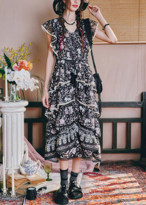 Black Waist French Summer V Dresses Print High Neck Chiffon Long