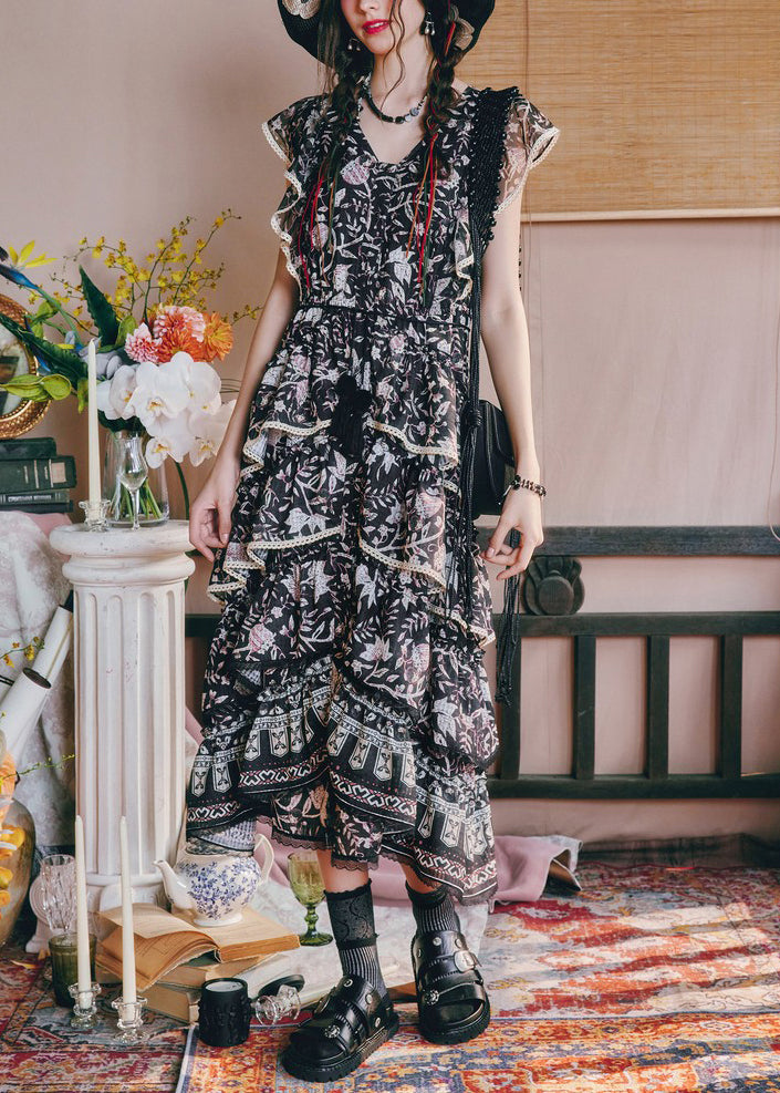 Black Waist French Summer V Dresses Print High Neck Chiffon Long