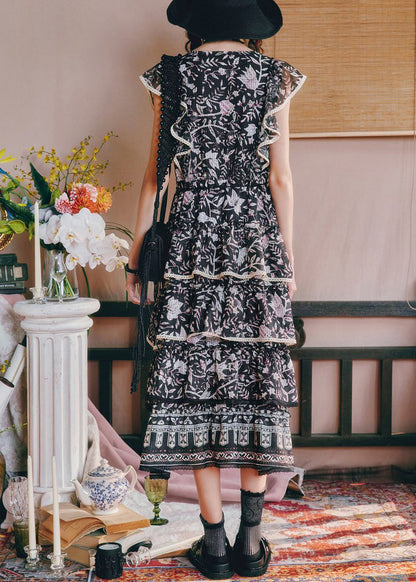 Black Waist French Summer V Dresses Print High Neck Chiffon Long