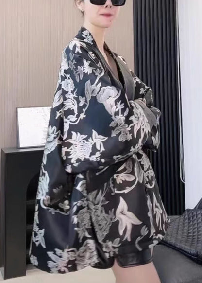 French Black V Neck Print Patchwork Faux Leather Coat Spring YW041