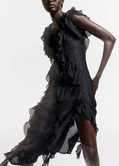 Ruffled Neck Long Dress Sleeveless French V Black Cotton