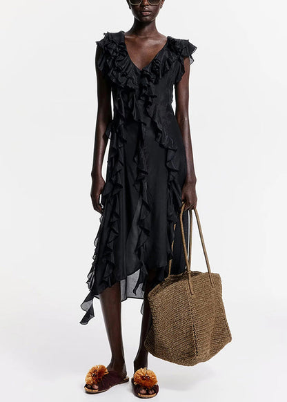 Ruffled Neck Long Dress Sleeveless French V Black Cotton