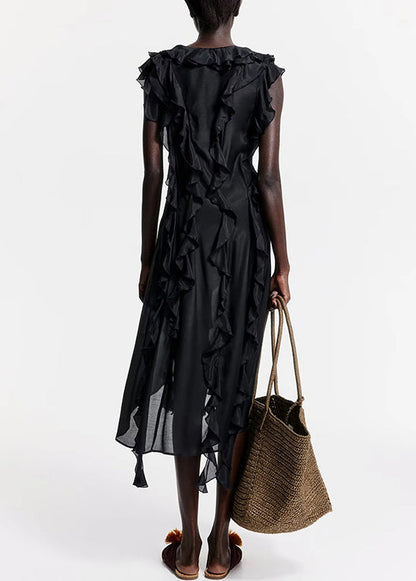 Ruffled Neck Long Dress Sleeveless French V Black Cotton
