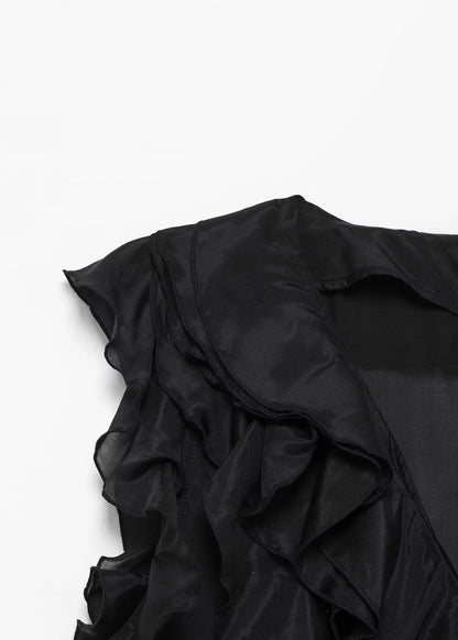 Ruffled Neck Long Dress Sleeveless French V Black Cotton