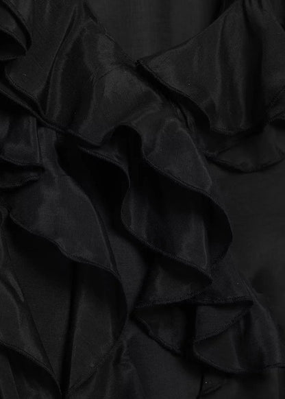 Ruffled Neck Long Dress Sleeveless French V Black Cotton
