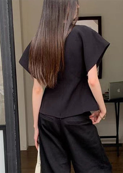 Black Solid V Neck Summer Shirt Spandex French