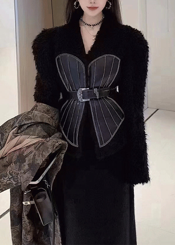 French Black V Neck Tie Waist Patchwork Leather And Fur Coats Spring YY001