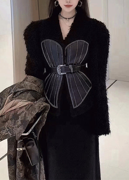 French Black V Neck Tie Waist Patchwork Leather And Fur Coats Spring YY001