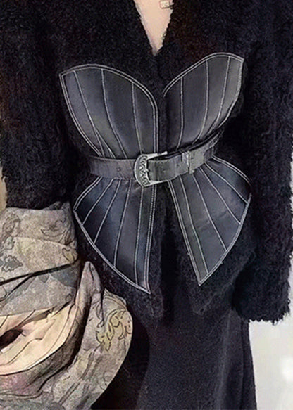 French Black V Neck Tie Waist Patchwork Leather And Fur Coats Spring YY001