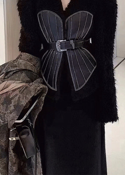 French Black V Neck Tie Waist Patchwork Leather And Fur Coats Spring YY001
