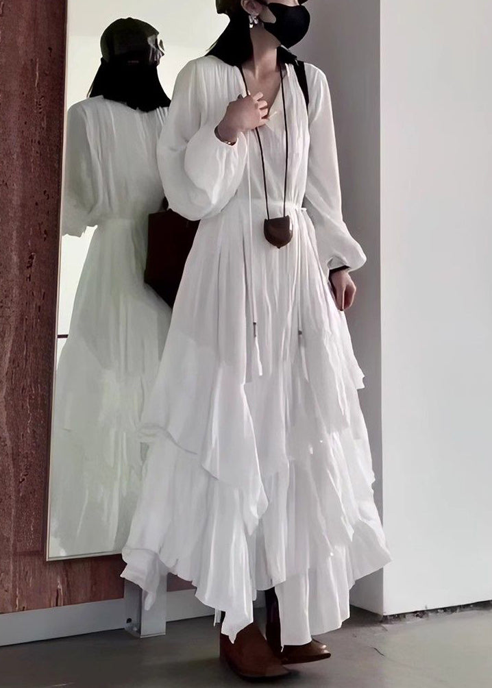 Fall Solid Cotton Wrinkled Long Neck Black Dress French V