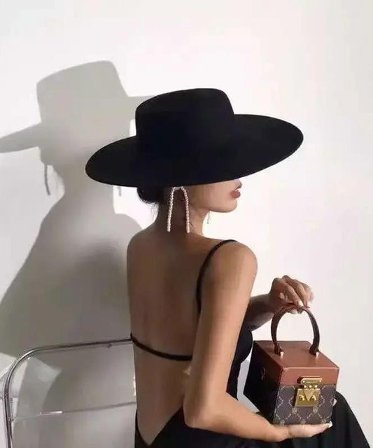 French Brim Jazz Large Black Versatile Woolen Hat