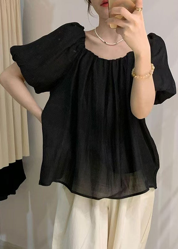 Tops Wrinkled French Puff Black Chiffon Sleeve