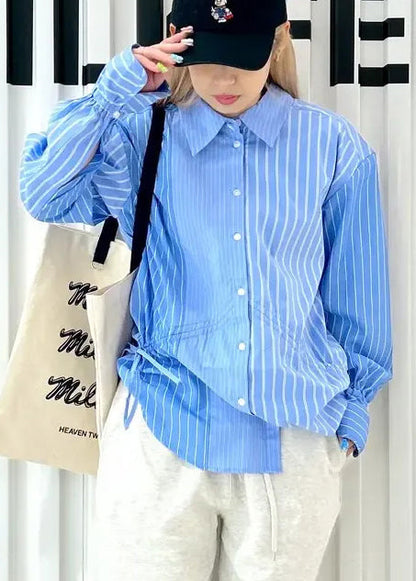 Asymmetrical Shirts French Spring Blue Cotton Striped