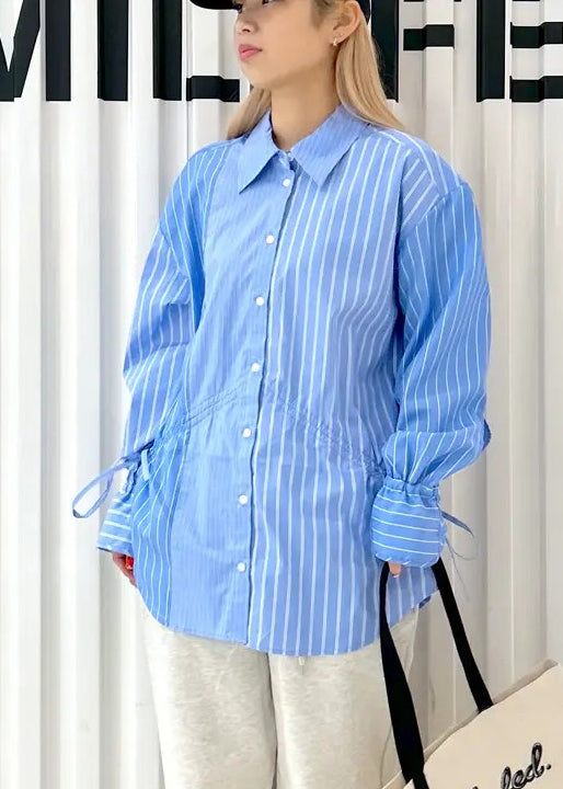 Asymmetrical Shirts French Spring Blue Cotton Striped
