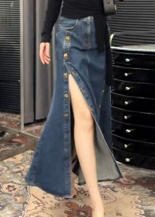 Open Denim French Side Blue Skirts Button Spring