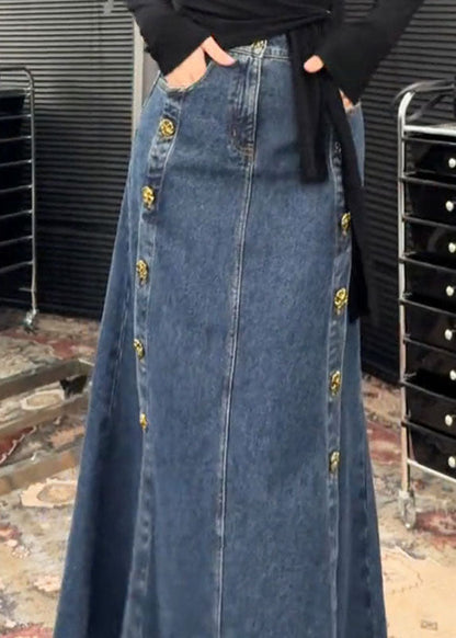 Open Denim French Side Blue Skirts Button Spring