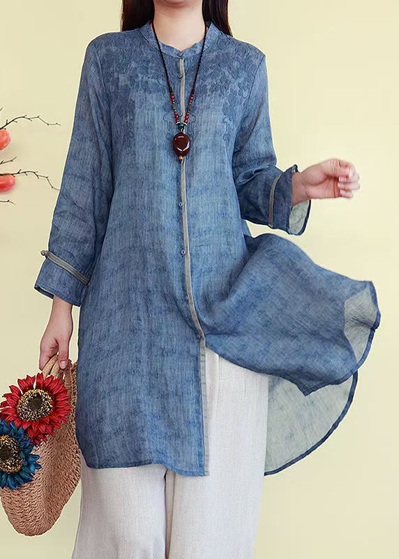 French Linen Blue Embroidered Fall Button Shirts