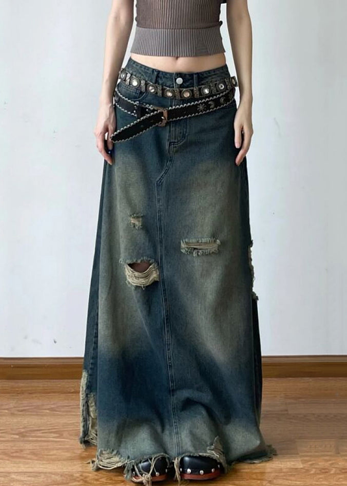 French Blue Hole High Waist Denim Maxi Skirts Summer AW1014