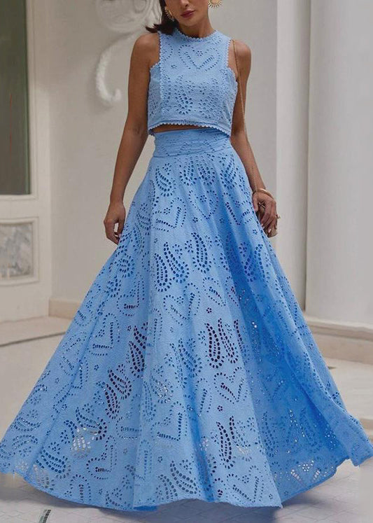 Skirts And Piece Cotton Blue Tops French Set Two Hollow Out