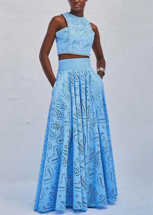 Skirts And Piece Cotton Blue Tops French Set Two Hollow Out