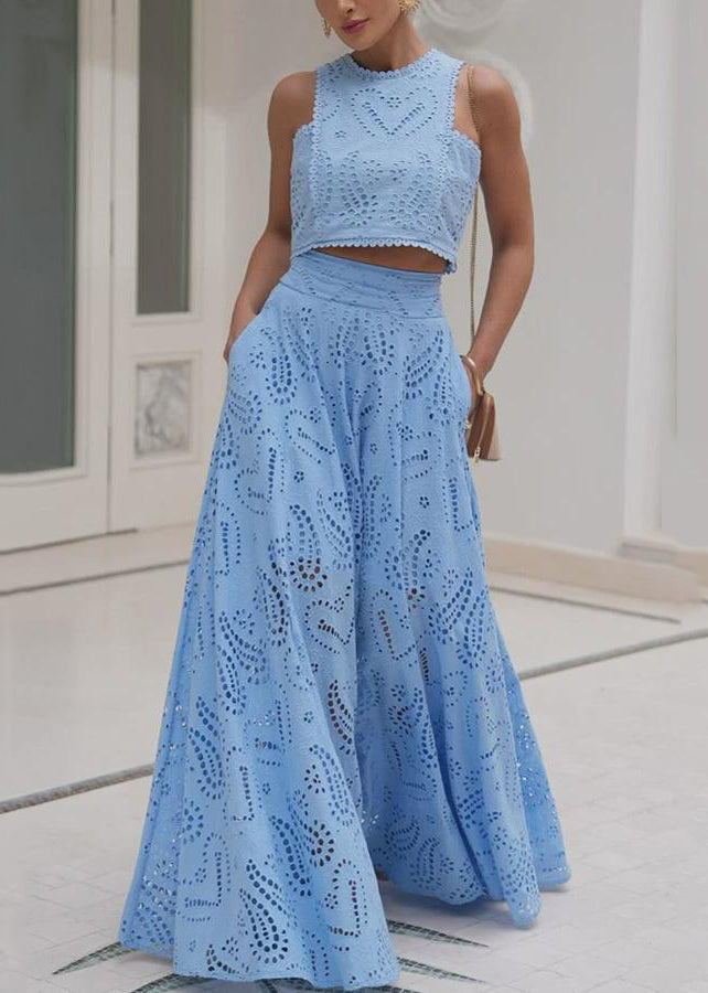 Skirts And Piece Cotton Blue Tops French Set Two Hollow Out