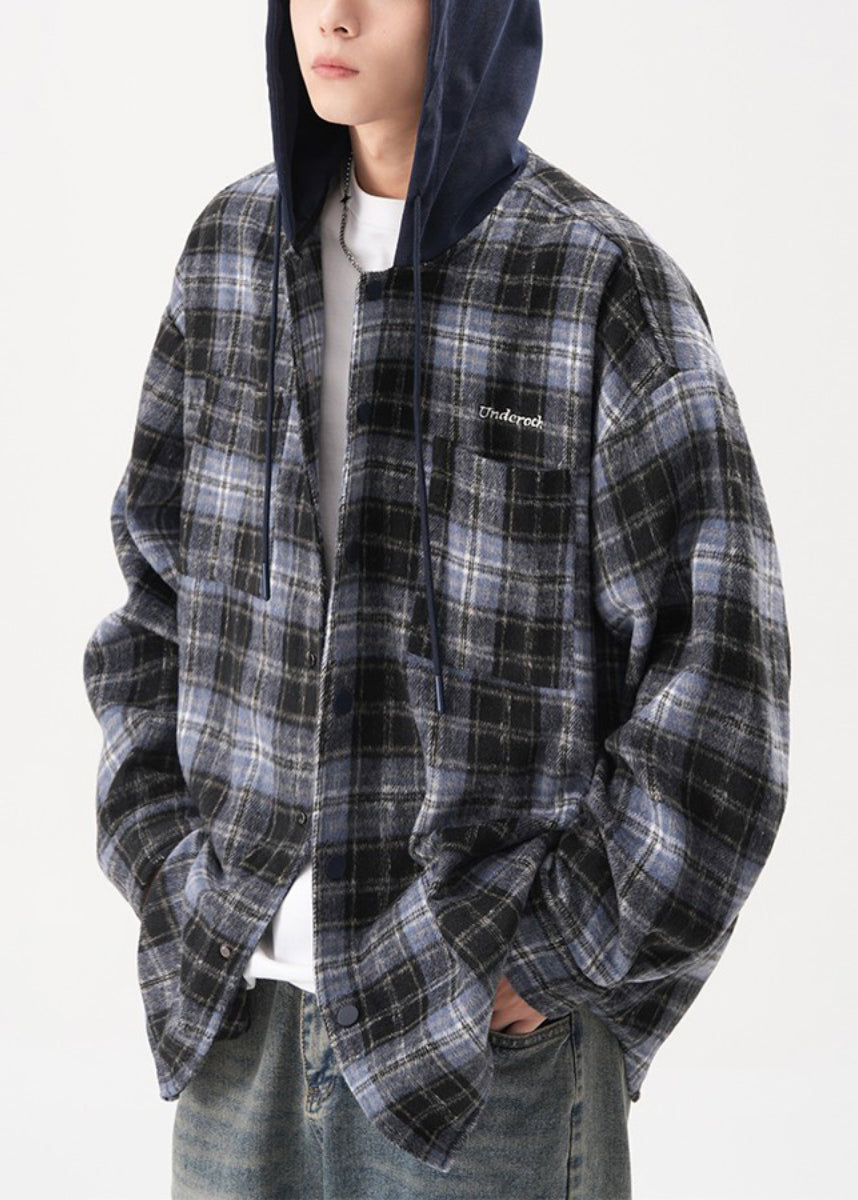 Cotton Mens Button Hooded Blue French Coats Plaid Spring