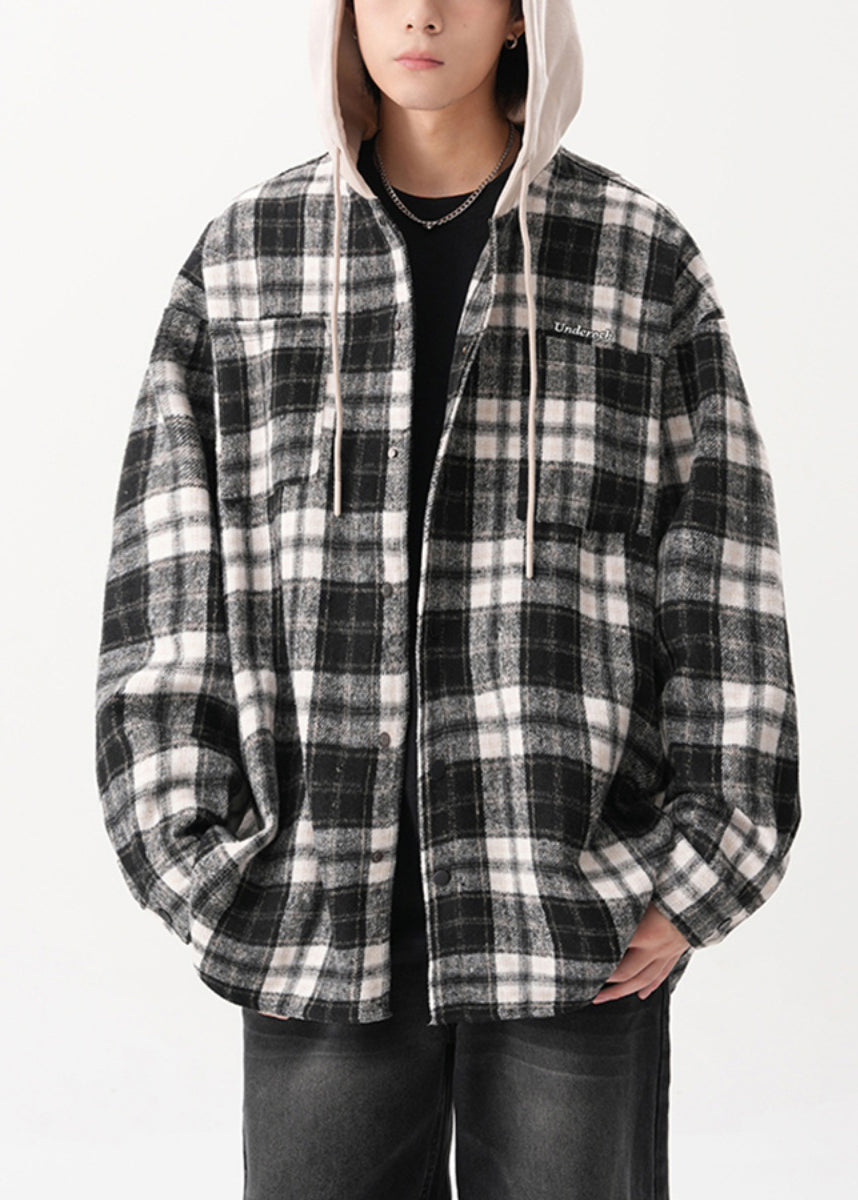 Cotton Mens Button Hooded Blue French Coats Plaid Spring