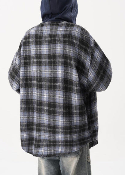 Cotton Mens Button Hooded Blue French Coats Plaid Spring