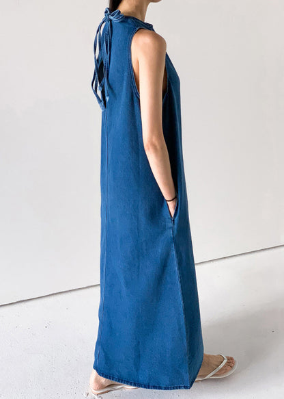 Blue Pockets French Dresses Up Lace Denim Sleeveless Long