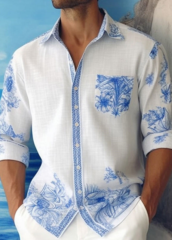 Cotton Print Peter Pan Shirts Fall Blue Collar Mens French