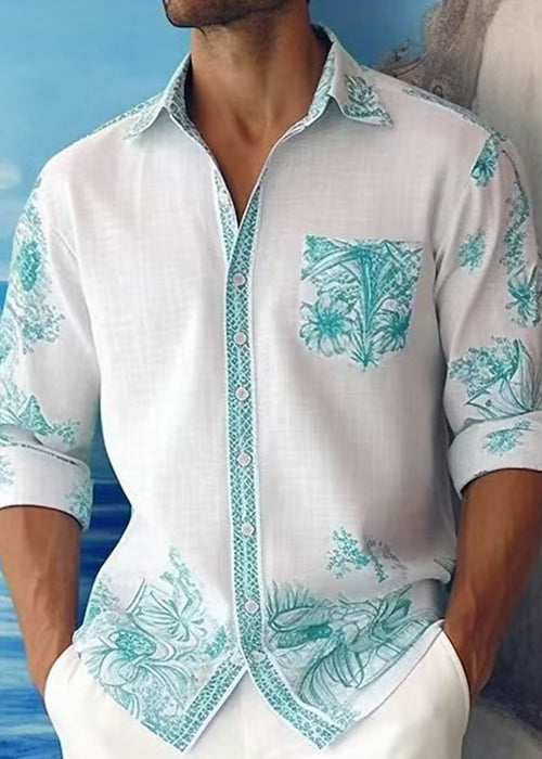 Cotton Print Peter Pan Shirts Fall Blue Collar Mens French