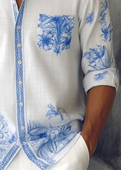 Cotton Print Peter Pan Shirts Fall Blue Collar Mens French